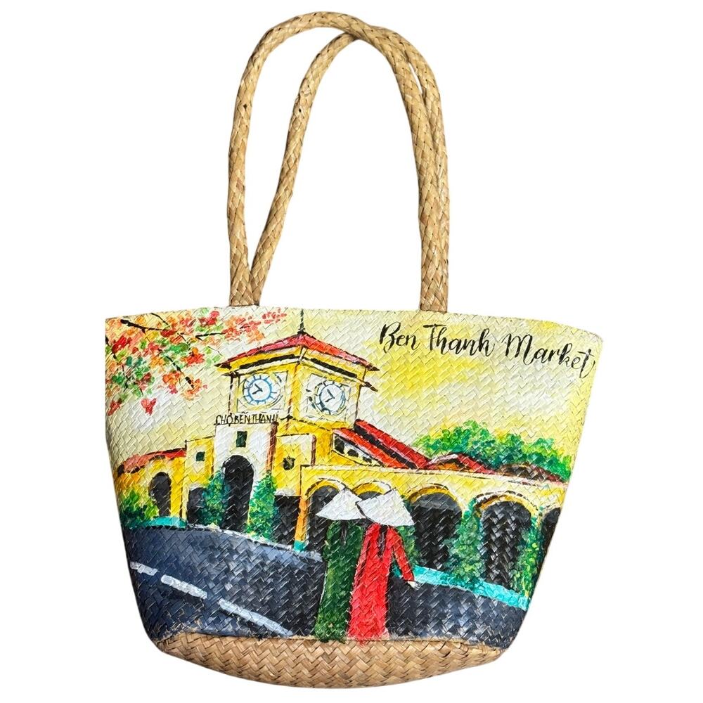 Vietnam Handwoven Straw‎ Handbag Ben Thanh Market Painted Boho Tote